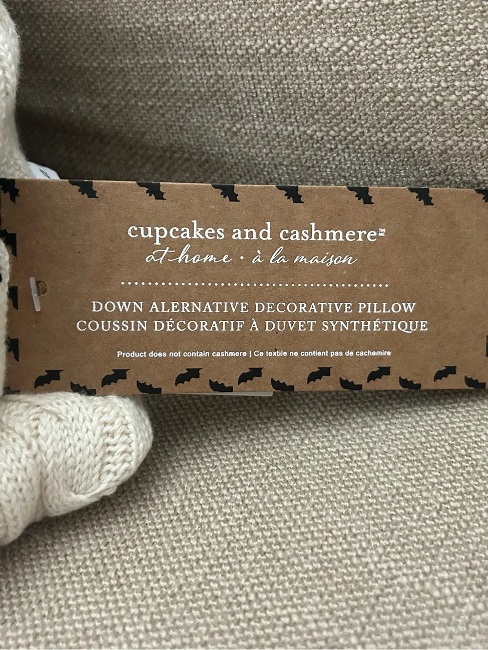 “New” Cupcakes & Cashmere Cream Cable-Knit Decorative Pillow with Black Bats